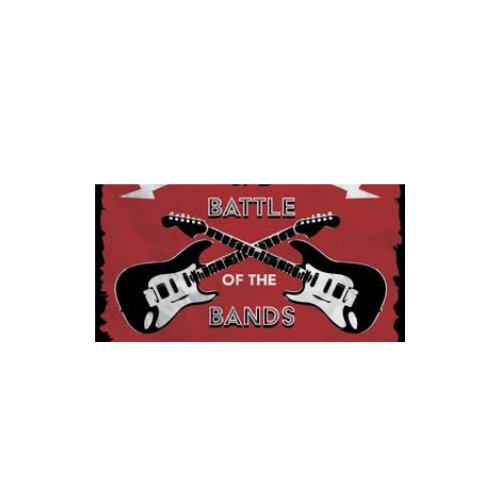 Battle of the bands banner with two black and white guitars on red background. battle of the bands in bold black and white letters