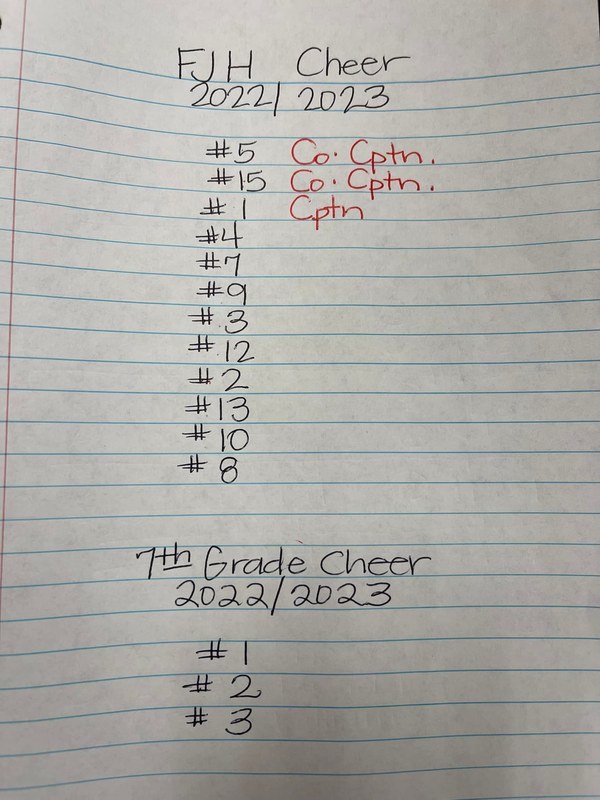 FHS cheer list on notebook paper